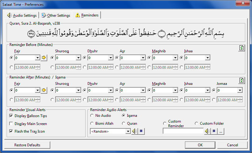 Salaat Time Screenshot - Reminders Screen
